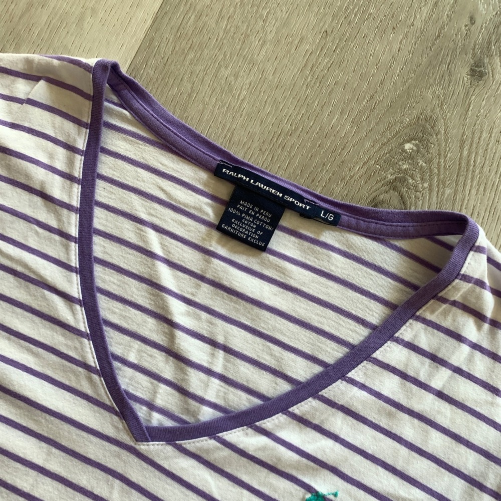 Ralph Lauren Sport Purple White Striped Pima Cotton V-Neck Long Sleeve Tee L